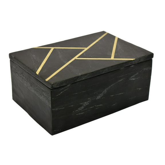Axel Decorative Storage Box, Gold Geometric Inlay, Black Marble 9 Inch