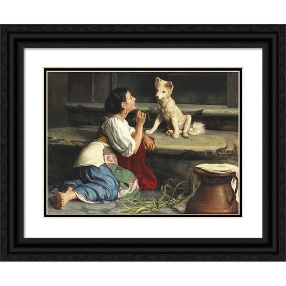 Axel Helsted 24x19 Black Ornate Framed Double Matted Museum Art Print Titled: Young Italiane Who Plays with a Dog (1872)