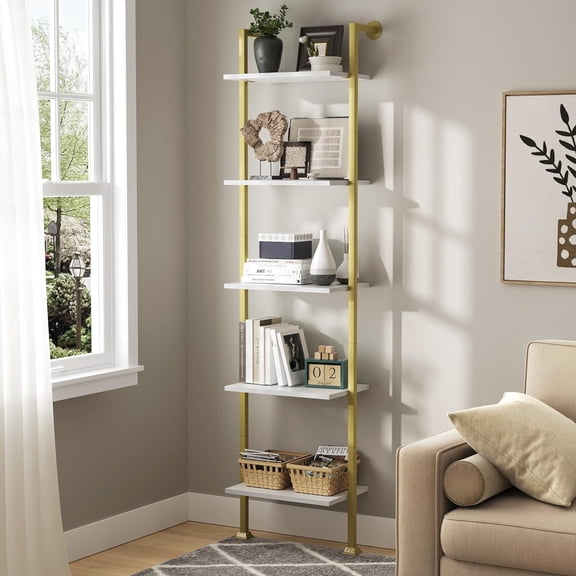 Axeman 5-Tier Ladder Bookcase, Tall Narrow Bookshelf for Small Spaces, Modern Book Storage Organizer Case Open Shelves for Living Room, BedroomOffice, Library, Gold and White