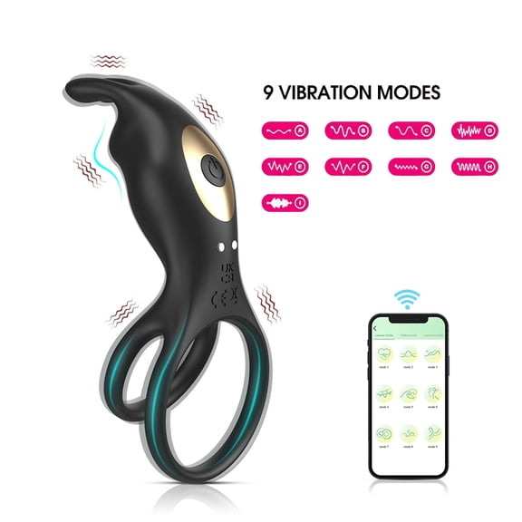 Axfly 9 Frequency Male Penis Ring Partners Toys for Man Adult Pleasure, APP Controlled Rabbit Double Ring Vibrating Penis Ring, Black - APP Model