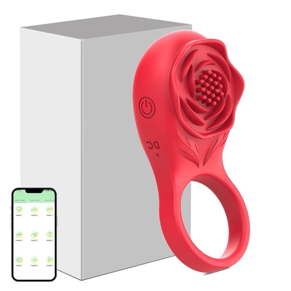 Axfly 9 Frequency Rose Penis Ring Toy for Men, APP Control Rose Silicone Vibrating Sperm Lock Ring,Rose Red 1pcs