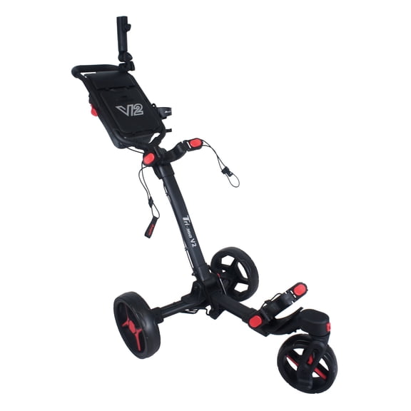 Axglo V2 Golf Push Cart - 3-Wheel - Patented 1-Step Folding System - Black/Red