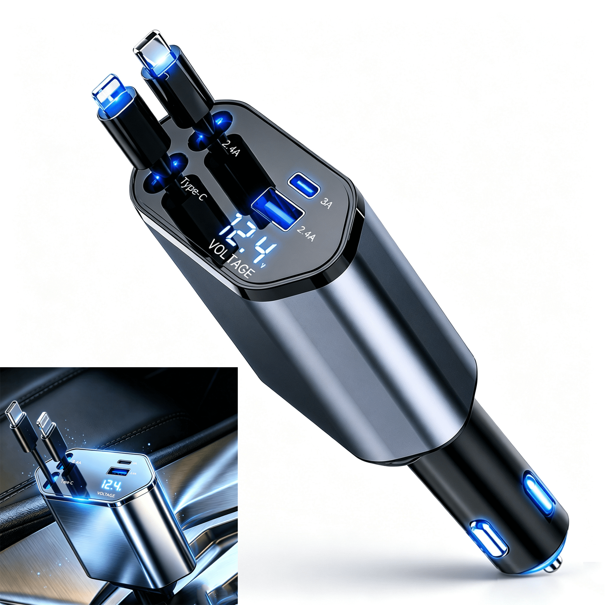 Axidou 120W Retractable Car Charger, Car Accessories, Fast Charge Adapter with Dual USB-C & USB-A Ports for iPhone, Sams