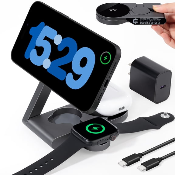 Axidou Wireless Charger for iPhone, 3 in 1 Charging Station for Apple Devices, Fast Charging Stand Compatible with iPhone Series, Apple Watch Series and AirPods 4 3 Pro, Foldable Travel Charger