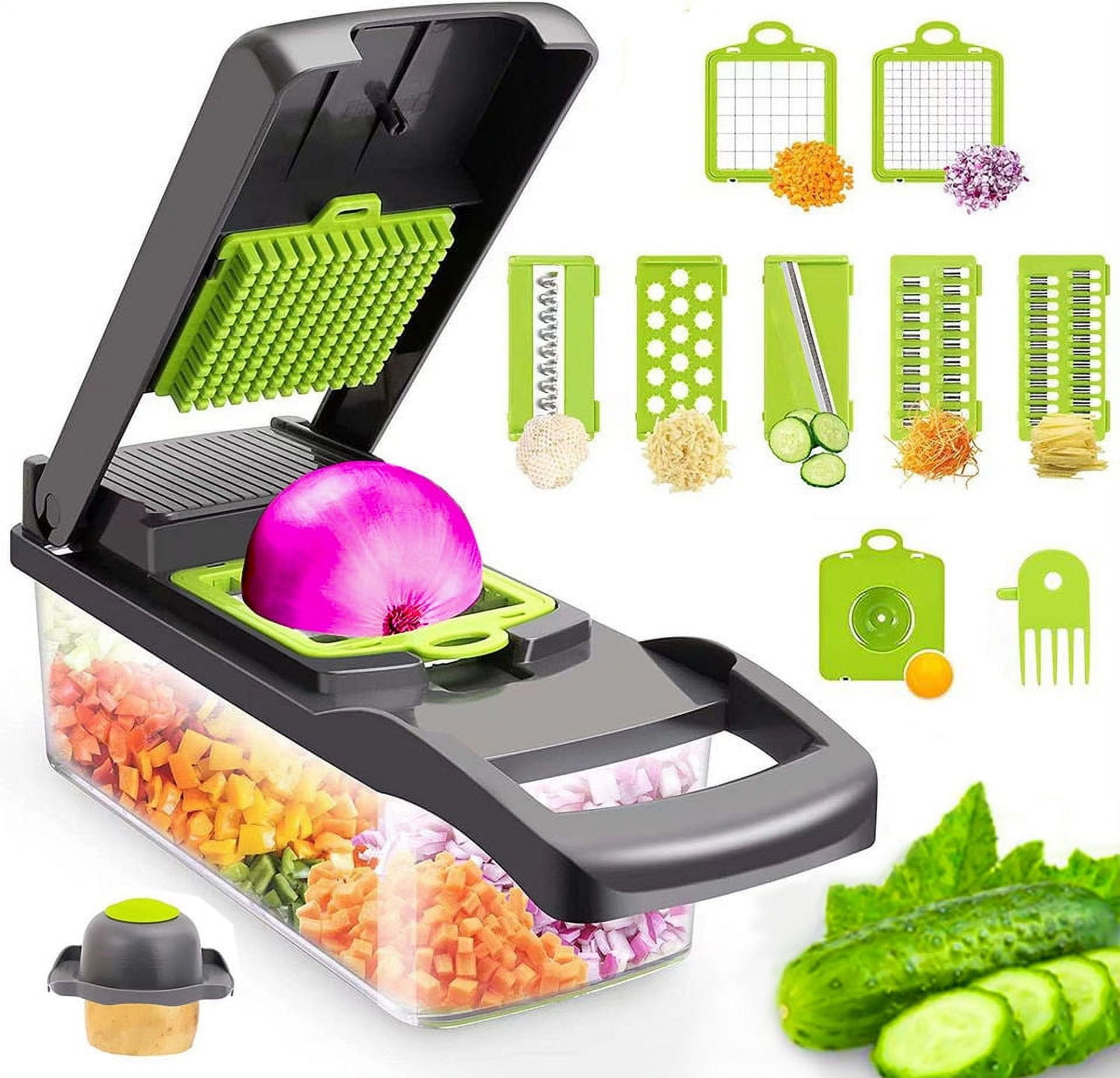 Axidou Multi-Functional Vegetable Chopper with 7 Interchangeable Blades -  Easy to Use & Clean - Grey Green, BPA Free - Kitchen Gadgets 