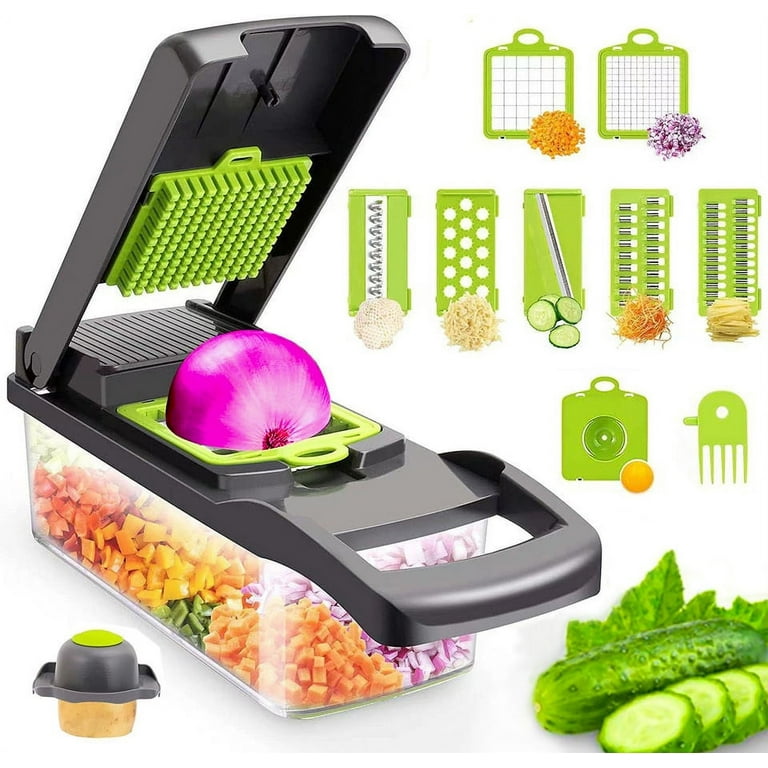Axidou Multi-Functional Vegetable Chopper with 7 Interchangeable Blades -  Easy to Use & Clean - Grey Green, BPA Free - Kitchen Gadgets 
