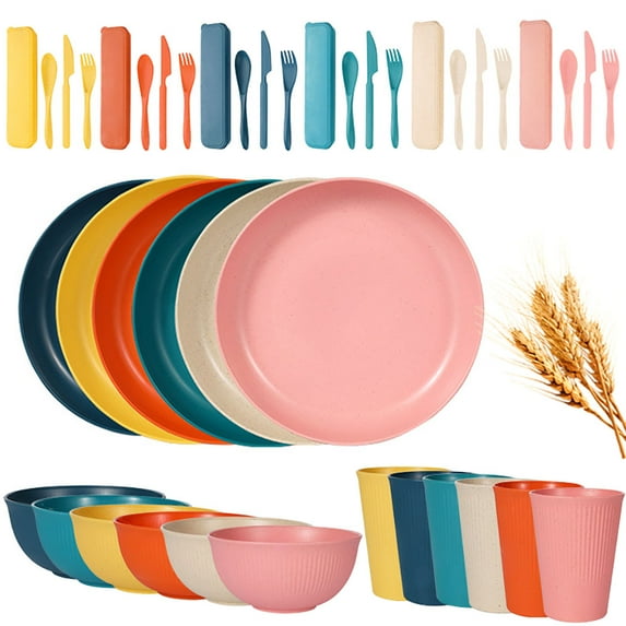 Axidou Wheat Straw Dinnerware Sets, 42 PCS Plastic Plates and Bowls Sets, Travel Camping Cutlery Set