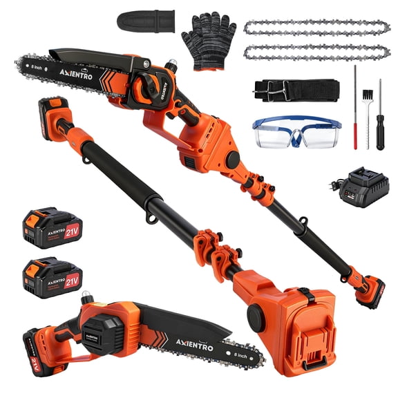 Axientro 2-in-1 Cordless Pole Saw & 8-inch Brushless Mini Chainsaw, Extendable Tree Trimmer with 16ft Max Reach, 2x 4.0Ah Batteries, Replacement Chain