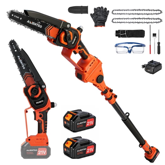 Axientro 2-in-1 Cordless Electric Pole Saw & 8-Inch Brushless Mini Chainsaw Combo, Extendable Tree Trimmer with 16ft Max Reach, Two 21V 4.0Ah Batteries, Charger and Carrying Strap Included