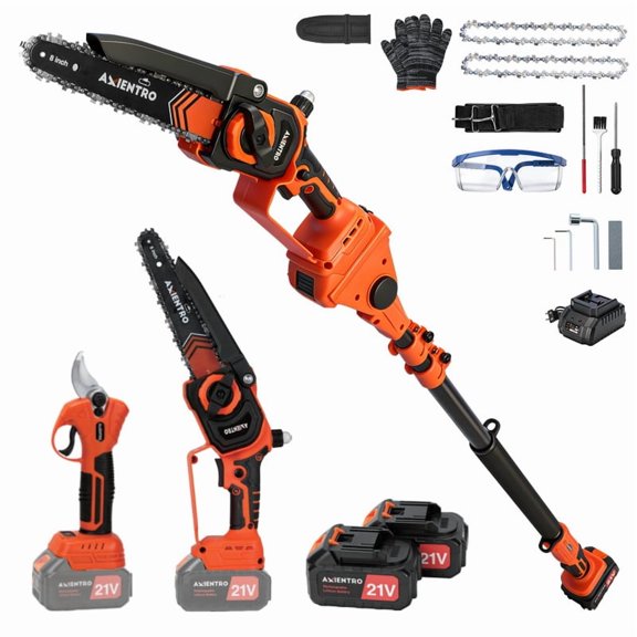 Axientro 4-in-1 Cordless Pole Saw & Electric Pruning Shears Combo, 880W Brushless Tree Trimmer, 16FT Reach with Two 4.0Ah Batteries