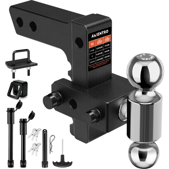 Axientro Adjustable Trailer Hitch Fits 2" Receiver, 6 inch Drop/Rise,2" & 2-5/16"(12500 LBS GTW) Rotatable Dual Solid Ball with 4 Silencer Pads Anti-Theft Pin, Black-2 Balls