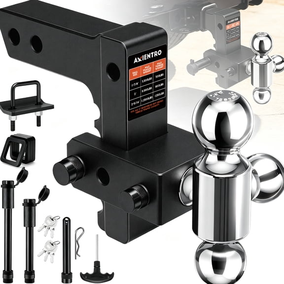 Axientro Adjustable Trailer Hitch Tri-Ball Mount Fits 2" Receiver, Triple Aluminum Balls, 6 inch Drop Rise Tow Hitch, 12,500 LBS GTW, Anti-theft Lock Pin