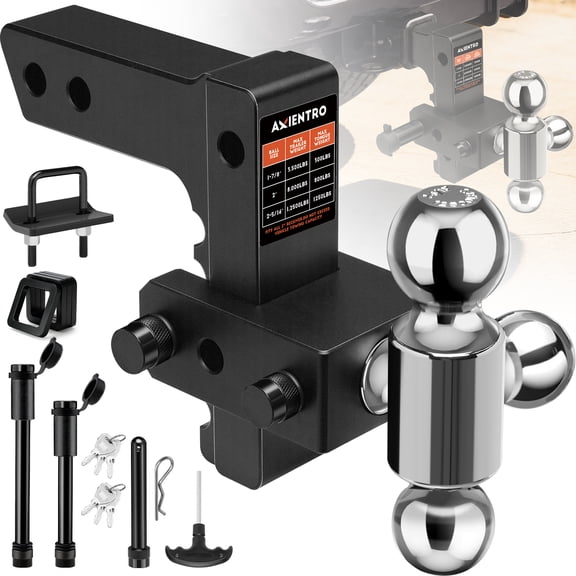 Axientro Adjustable Trailer Hitch Fits 2" Receiver, 6 inch Drop/Rise,2" & 2-5/16"(12500 LBS GTW) Rotatable Dual Solid Ball with 4 Silencer Pads Anti-Theft Pin, Black-3 Balls