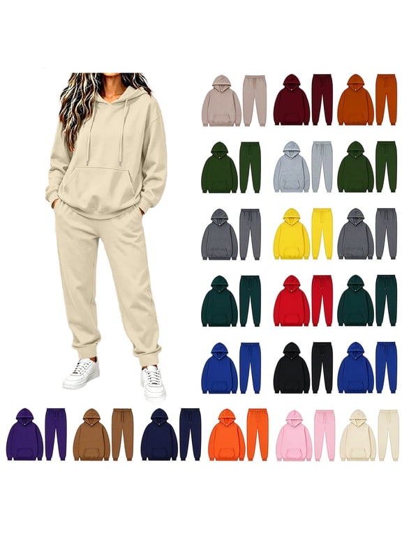 2 Piece Outfits Women's Sweatsuits, Drawsting Hoodies for Women Joggers Sweatpants Track Suits with Pockets, Oversized Fall Trendy Beige Lounge Sets XL