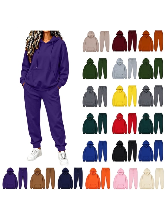 2 Piece Outfits Women's Sweatsuits, Drawsting Hoodies for Women Joggers Sweatpants Track Suits with Pockets, Oversized Fall Trendy Purple Lounge Sets 2XL