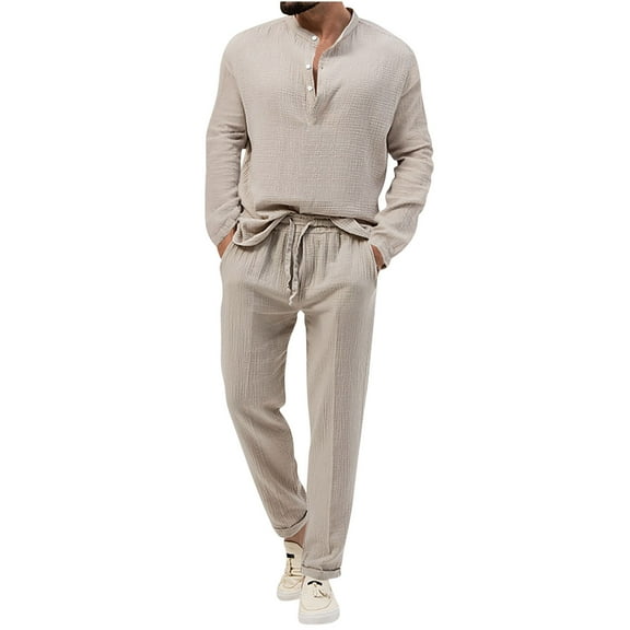 Axiiglly 2 Piece Set for Men Cotton Linen Pullover Button Sweatshirt Tracksuit Solid Color Elastic Waist Jogging Sweatpant with Pockets Casual Outdoor Hiking Running Sport Suits Set S-3XL