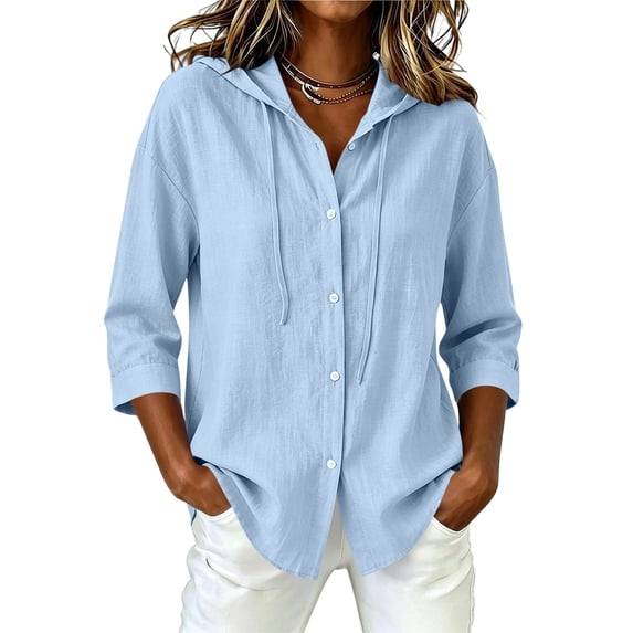 Axiiglly 3/4 Sleeve Tops for Women Cotton Linen Button Down Sun Protection Shirts Lightweight Breathable Summer Casual Hiking Shirt, S-2XL