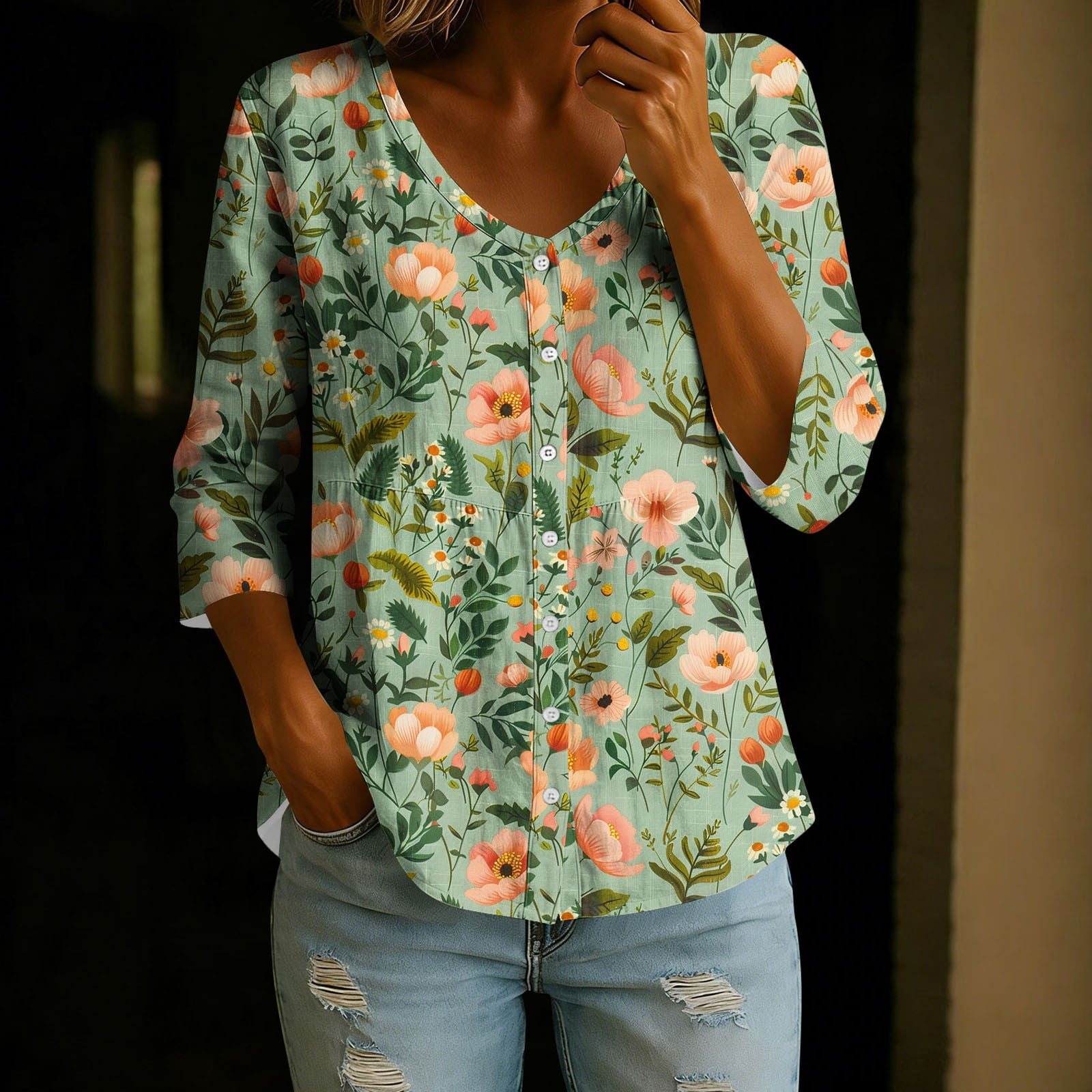 Axiiglly 3/4 Sleeve Tops for Women Cotton Linen Floral V Neck Boho ...