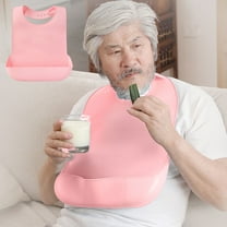 Axiiglly Adult Bibs with Crumb Catcher for Eating, Washable Silicone Clothing Protector Reusable Waterproof Large Feeding Adult Bibs for Men Women Elderly Senior, Pink