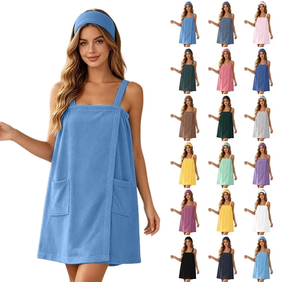 Axiiglly Bath Robes for Women, Spaghetti Strap Sleeveless Lightweight Bathrobe with Pockets, Soft Knee Length Loungewear Nightgowns with Headband, S-2XL