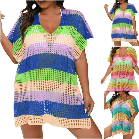 Axiiglly Bathing Suit Cover Up for Women Color Block Beach Cover Ups Plus Size Summer Crochet Swimsuit Coverups Hollow Out Silde Split Swimwear Casual Bikini Vacation Oufits
