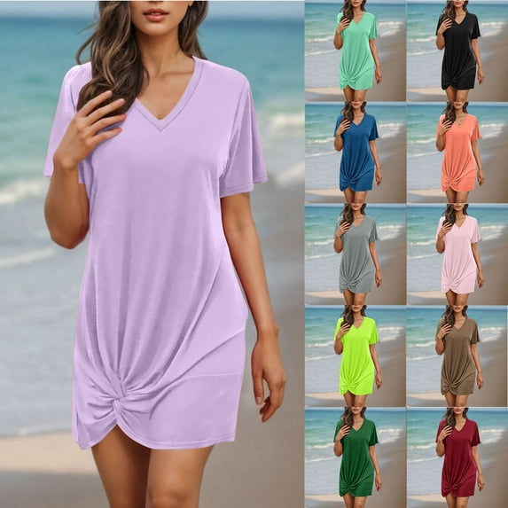 Axiiglly Beach Cover Ups for Women Summer Bikini Vacation Oufits Solid Color Slim Mini Coverups V Neck Knot Swimwear Coverup Casual Bathing Suit Cover Up