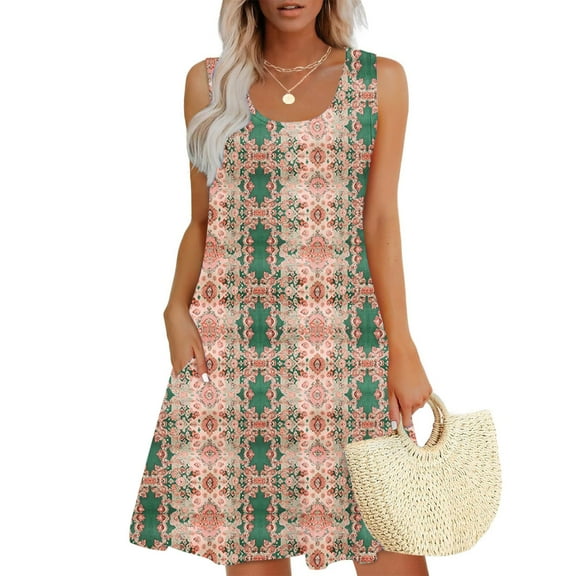 Axiiglly Beach Dress for Women Flowy Sleeveless Tank Dress Floral Print Summer Dresses Casual Swing Loose Sundress A line Vacation Hawaiian Mini Dress with Pockets