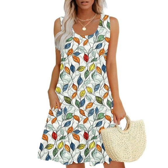 Axiiglly Beach Dress for Women Flowy Sleeveless Tank Dress Floral Print Summer Dresses Casual Swing Loose Sundress A line Vacation Hawaiian Mini Dress with Pockets