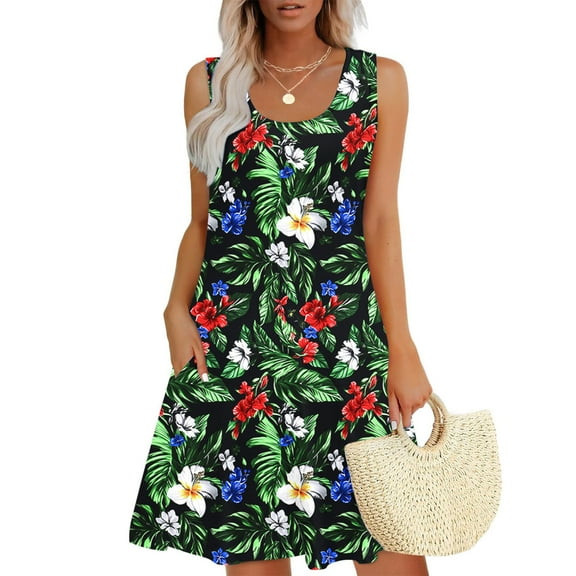 Axiiglly Beach Dress for Women Flowy Sleeveless Tank Dress Floral Print Summer Dresses Casual Swing Loose Sundress A line Vacation Hawaiian Mini Dress with Pockets