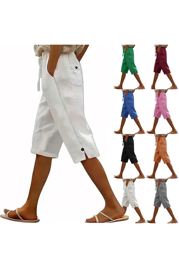 Bermuda Cotton Linen Shorts for Women High Rise 4 Pockets Stretch Waist Long Shorts Beach Holiday Cropped Pants White L