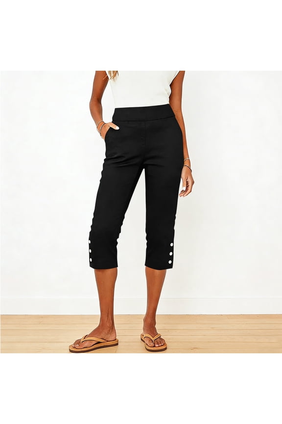 Black Capri Pants for Women Elastic High Waist Straight Stretch Capris with Pockets Trendy Split Hem Cropped Pants 2XL