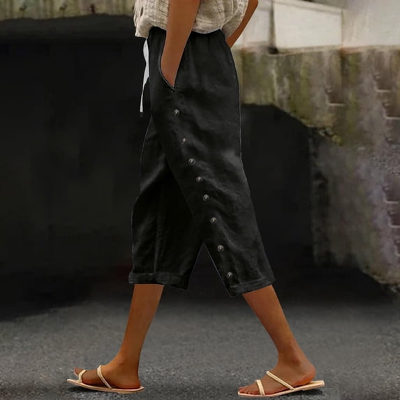 Axiiglly Black Capri Pants for Women Linen Drawstring Elastic Waist Relaxed Fit 3 Pockets Fashion Side Button Designs Capris 2026 S