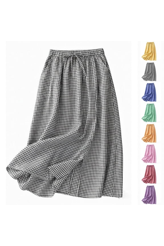 Black Skirts for Women Plaid Linen Drawstring Elastic Waist Gingham Maxi Skirt Boho Flowy A-Line Flared Summer Skirts L