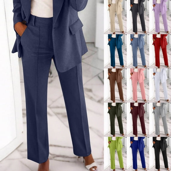 Axiiglly Business Casual Pants for Women Solid Color Plus Size Pants Button Slim Work Dress Pants Ankle Casual Pants with Pockets