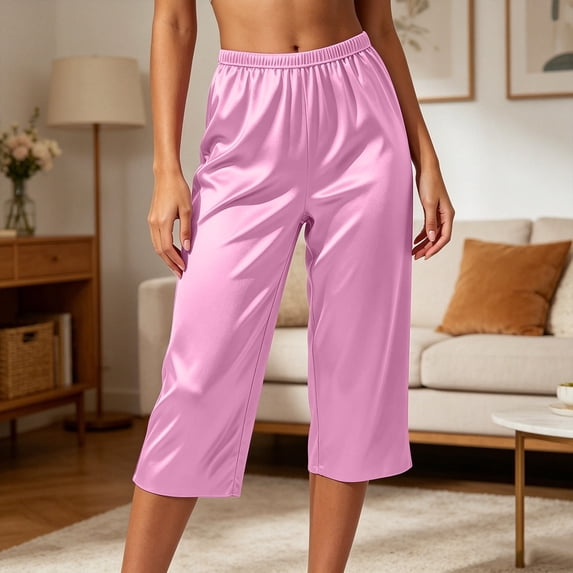 Axiiglly Capri Pajama Pants Women Satin Silk Plus Size Relaxed Fit Summer Loungewear Sleep Capris, M-3XL