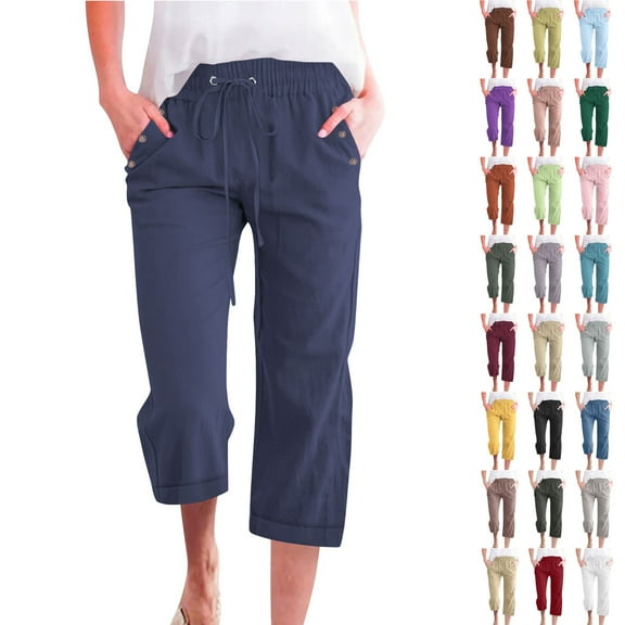 Axiiglly Capri Pants for Women High Waisted Straight Leg Cropped Pants Casual Lightweight Button Linen Capri Pants Loose Drawstring Plus Size Cotton Capris