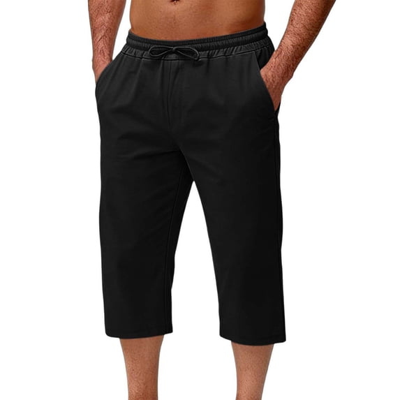 Axiiglly Capri Pants for Men Drawstring Elastic Waist Casual Cropped Pants with Pockets, S-3XL