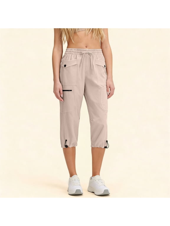 Capri Pants for Women 2026 Drawstring Elastic Waist Quick Dry Lightweight Multi Pockets Cargo Hiking Travel Capris Khaki 2XL
