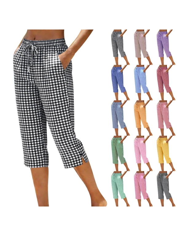 Capri Pants for Women 2026 Plaid Drawstring Elastic Waist Cropped Pants with Pockets, S-3XL
