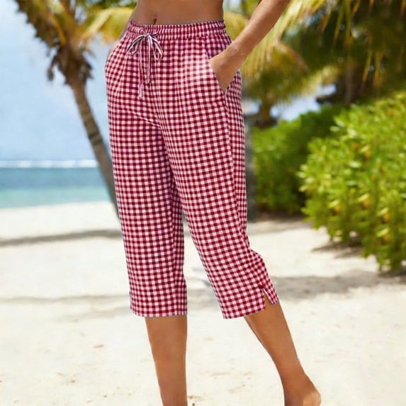 Axiiglly Capri Pants for Women 2026 Plaid Drawstring Elastic Waist Cropped Pants with Pockets, S-3XL