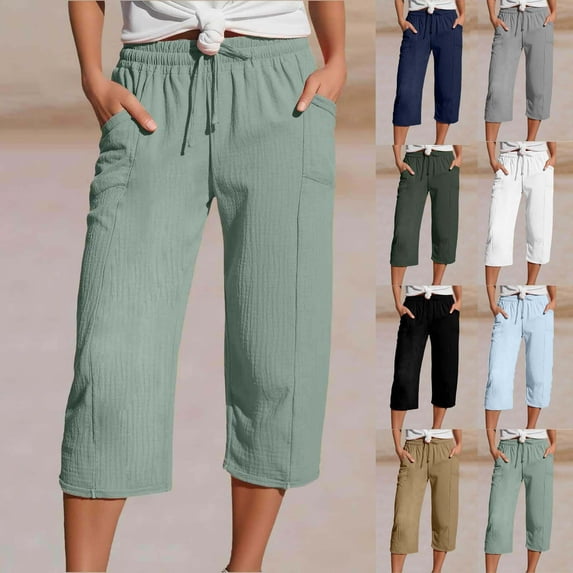 Axiiglly Capri Pants for Women, Drawstring Elastic Waist Workout Capris with Pockets, Casual Loose Solid Color Cropped Pants, S-2XL