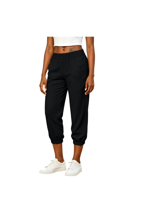 Capri Pants for Women Elastic High Waisted Cotton Linen Joggers Capris with Pockets Summer Lounge Cropped Pants Black L