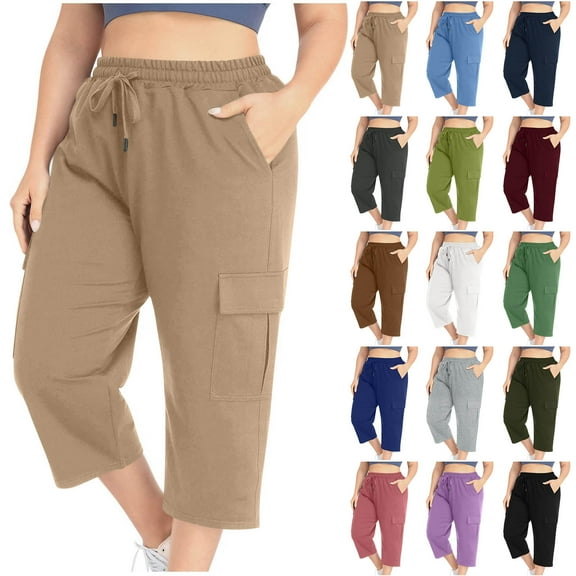 Horkkom Capri Pants for Women Loose Fit Capri Cargo Pants Drawstring Straight Leg Crop Pants Casual Plus Size Yoga Jogger Capri Pants with Pockets