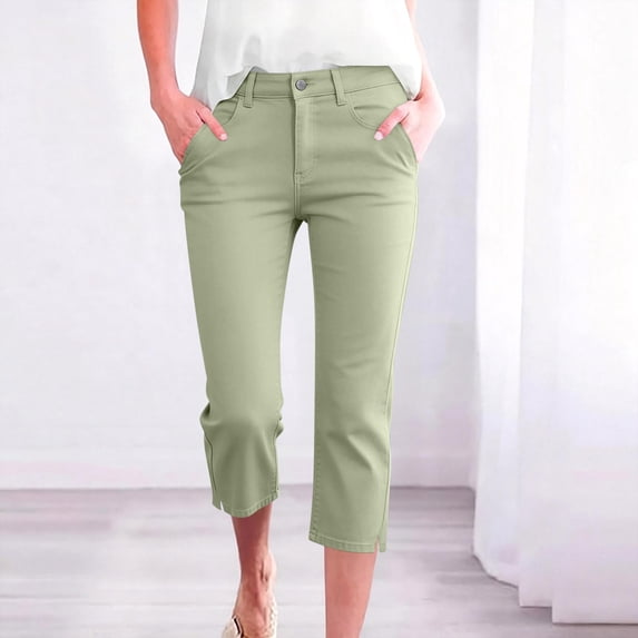 Axiiglly Capri Pants for Women Mid Rise Zipper Button 4 Pockets Stretch Skinny Jeggings Twill Side Slit Casual Capris, S-2XL