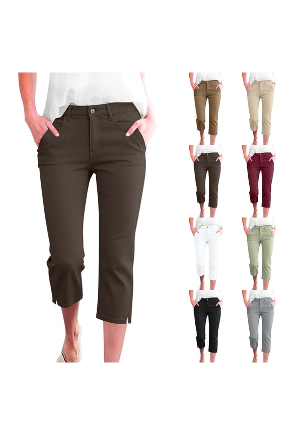 Capri Pants for Women Mid Rise Zipper Button 4 Pockets Stretch Skinny Jeggings Twill Side Slit Casual Capris, S-2XL