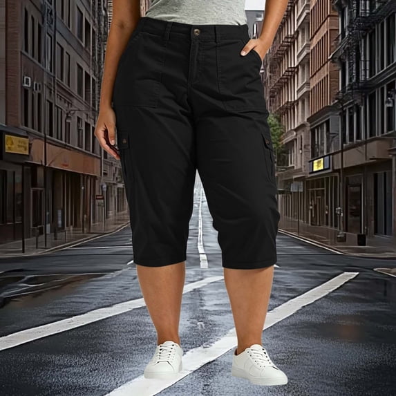 Axiiglly Capri Pants for Women Plus Size Stretch High Waisted Zipper Button Twill Cargo Capris Black 2XL