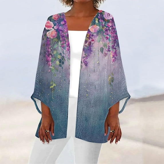 Axiiglly Cardigan for Women Plus Size Lightweight Cardigans Autumn Casual Comfy Puff Sleeve Open Front Tops Floral Print Loose Swim Beach Bathing Suit Cover Up