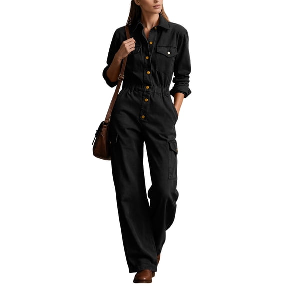 Axiiglly Cargo Jumpsuit for Women Long Sleeve Lapel Button Down Wide Leg Overalls with Pockets Dressy Casual Fall Rompers