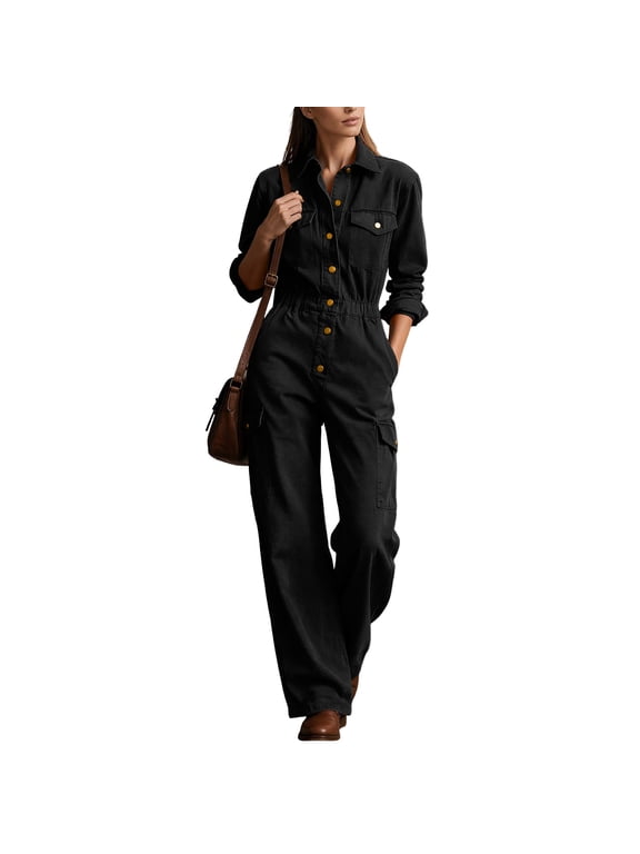 Cargo Jumpsuit for Women Long Sleeve Lapel Button Down Wide Leg Overalls with Pockets Dressy Casual Fall Rompers