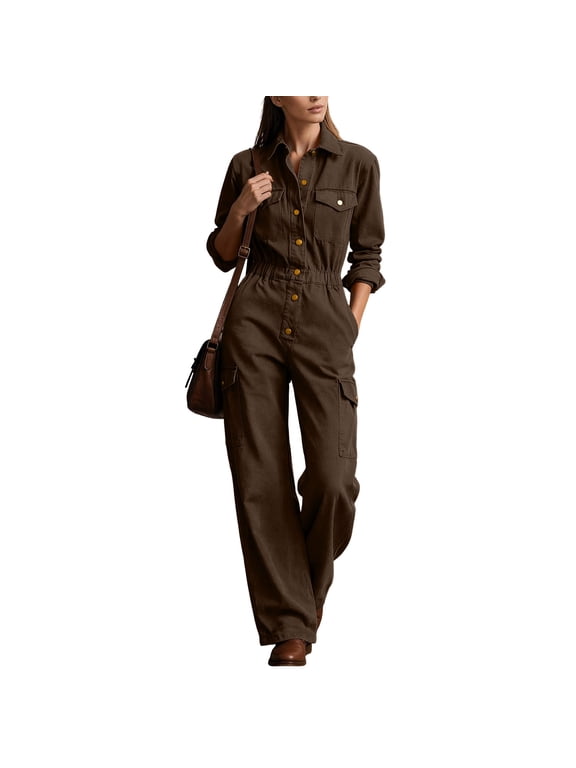 Cargo Jumpsuit for Women Long Sleeve Lapel Button Down Wide Leg Overalls with Pockets Dressy Casual Fall Rompers